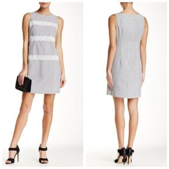 NWT Maggy London Striped Lace Trim Dress, size 10, Gray/white - Picture 2 of 12